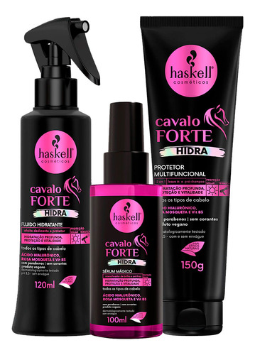 Kit Haskell Cavalo Forte Hidra Fluído Leave Sérum Antifrizz