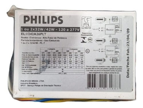 Reator Eletrônico 1 Ou 2x32/42w 277v El1/242a26plt Philips 120/277v