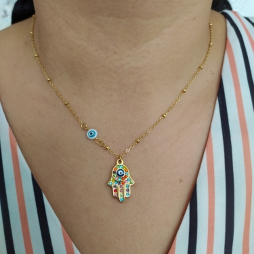 Imagen 4 de 8 de Mano De Fatima Ojo Turco Collar Mujer Dije Protección Acero