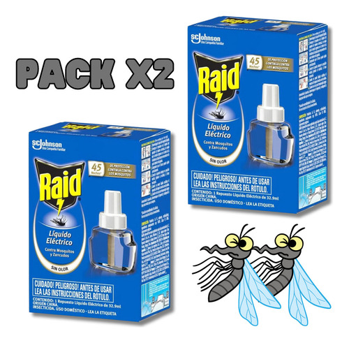Raid Repuesto Liquido Electrico Mosquitos Y Zancudos Pack X2