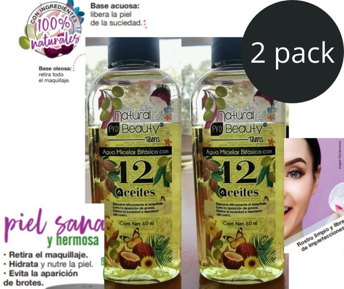 2 Piezas Agua Micelar Bifasica 12 Aceites Pro Natural Beauty