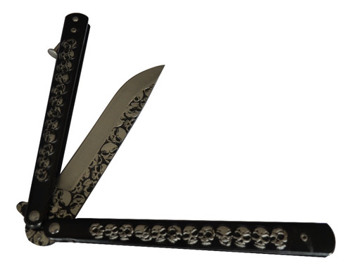 Navaja Mariposa Balisong Hoja Acero Black Grabado Craneos