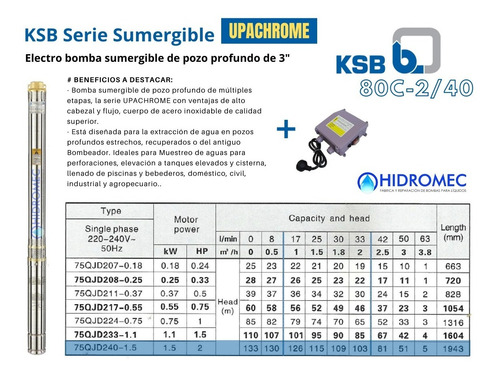 Imagen 4 de 8 de Bomba Sumergible Pozo Ksb Upachrome 3puLG. 2 Hp + Cable 30mt