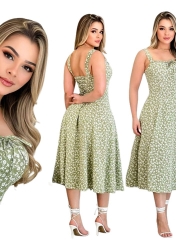 Vestido Midi Alcinha Amarração Estilo Camponesa Floral Moda