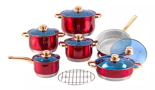 Bateria Cocina Acero Inox Roja 13pz Fondo Difusor 7 Capas