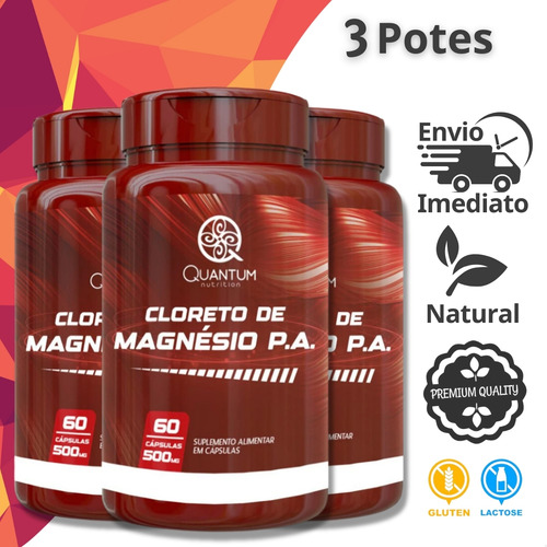 3 Potes Cloreto De Magnésio P.a. Puro Kit 180 Cáps - Quantum