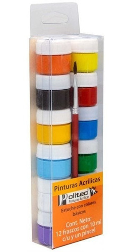 Kit Pinturas Acrílicas Politec 12 Colores 10 Ml C/u Y Pincel