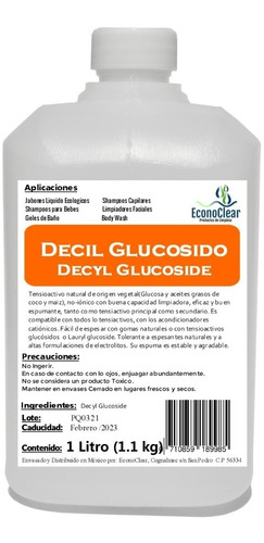 Decil Glucosido  Decyl 1 Litro (1.1 Kg) Libre De Sulfatos 