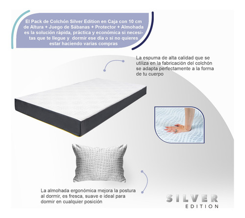 Colchón Individual 10 Cm + Sábanas, Protector Y Almohada Blanco Con Gris