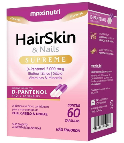 Suplemento Em Cápsulas Maxinutri Hairskin & Nails Supreme Vitaminas Em Caixa De 80g 60 Un