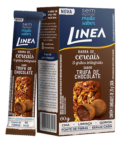 Barra de cereal Linea  sabor trufa de chocolate cobertura chocolate 20 g pacote x 3