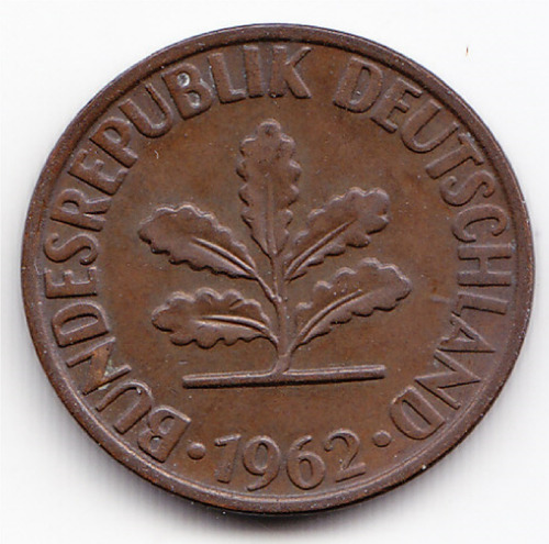 Alemania Moneda 2 Pfenning Bronce 1962 G Km-106 Condicion Au