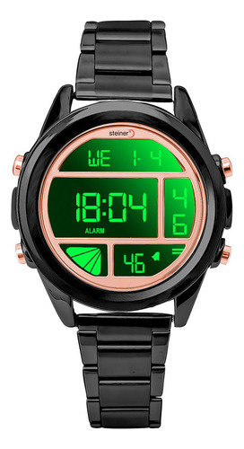 Reloj Digital, Extensible De Acero Inoxidable. Steiner Correa Negro Bisel Negro Fondo Dorado