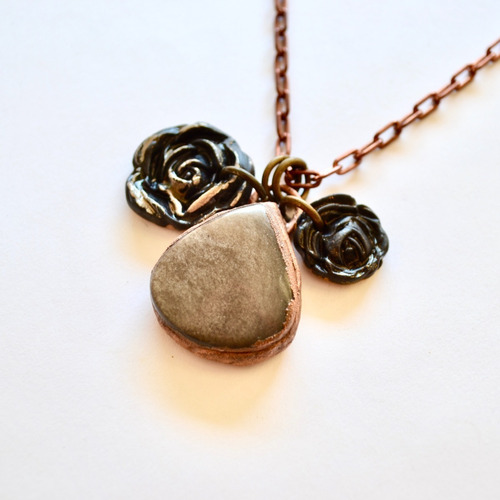 Collar Piedra Obsidiana Plata, Flores Y Cadena Cobre, Cod1
