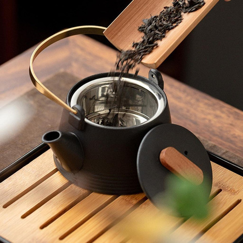 B Juego Té Viaje Cerámica Negra Con Una Tetera Y Cuatro Taza