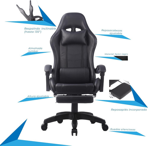 Ergonomic High Back Gaming Chair With Pu Leather, Adjustable Negro Cuero Sintético