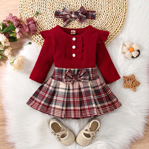 Suit Para Niñas Con Botones Abiertos Y Falda A Cuadros