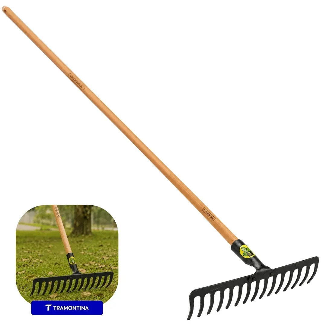 Ancinho Rastelo 16 Dentes de Ferro Tramontina Reforçado Grande Com Cabo de Madeira 110cm Para Rastelar Grama