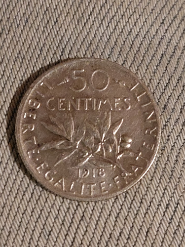 Moneda De Francia 50 Cent Año 1918 Plata 0,835 Grms 2,5