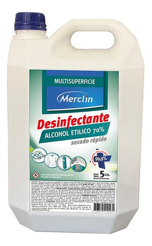 Desinfectante Alcohol Etílico 70% 5 L Merclin Listo Usar Mm