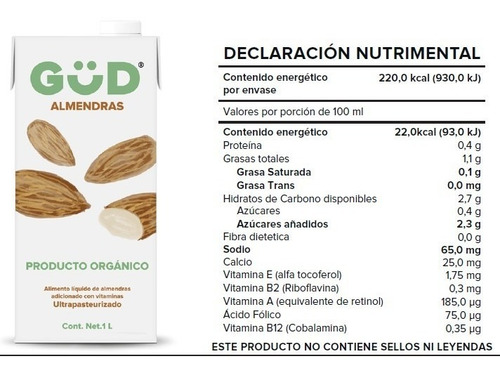 Imagen 2 de 7 de Leche De Almendra Orgánica Gud 1 L