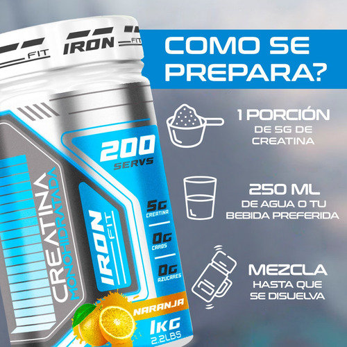 Creatina Monohidratada Iron Fit 1kg Sabores 200 Servicios Naranja