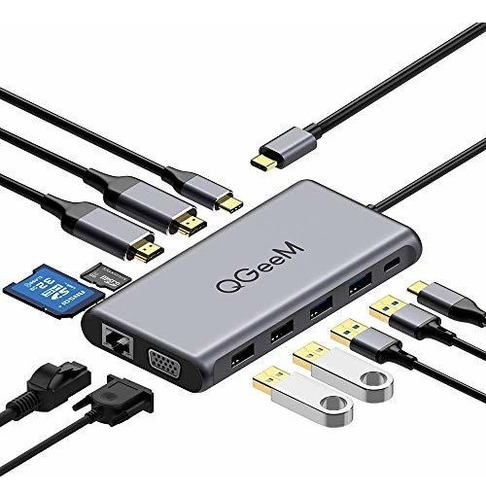 C Hub Usb, Qgeem 12 En 1 Triple Pantalla Hub, Usb C Estación