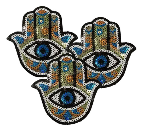 3x Aplique Bordado Con Lentejuelas Hamsa Chica 10x10cm