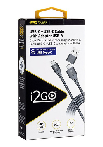 Cabo Usb-c + Usb-c Adaptador Usb-a I2go 2m 3a Chumbo