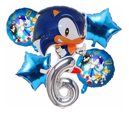 Kit De 6 Globos Sonic / Sega Incluye Numero Y Muñeco 80cm