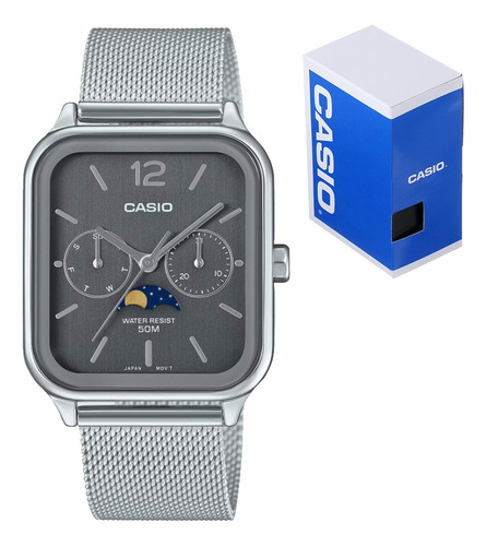 Reloj Casio Mtp M305mc 8av Acero Malla Fases Lunares 50m Gris Plateado