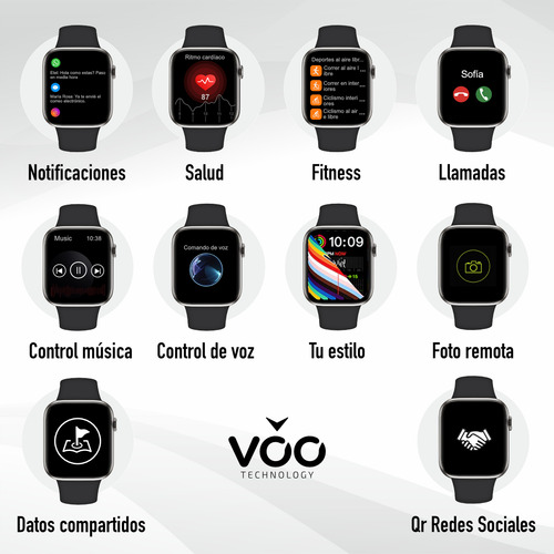 Smartwatch Hombre Mujer Hand 57 Voo Technology Plateado Lisa Negro