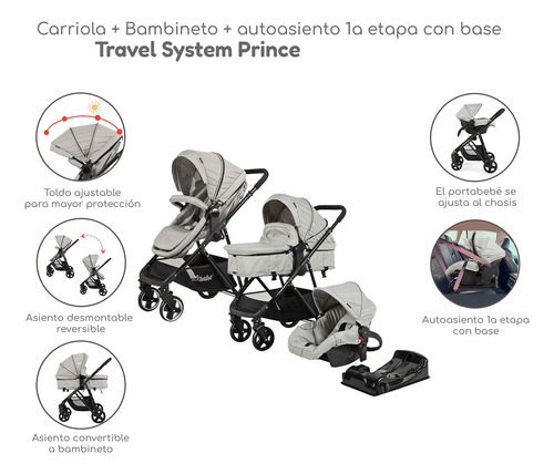 Carriola D Bebe Travel System Prince Con Autoasiento Gris Negro Gris