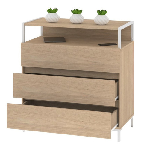 Comoda Cajonera Bahiut Moderno Con Estante Diseño Industrial Color Roble Natural con Hierro Blanco