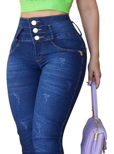 Calça Jeans Cós Alto Aço 3 Botões Lycra Modeladora Bordada