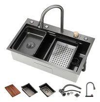 Comprar Bacha de Cocina Acero 304 Negra con Grifería Cascada Canastos para Limpieza Filtro de Agua Bajo Mesada Limpiavasos Ideal Cocinas Modernas Funcionales Perfecta Combinación de Estilo Practica Solucion