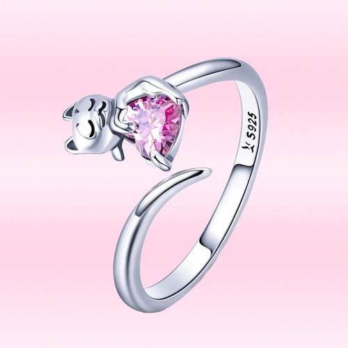 Anillo De Plata S925 Diseño Gato Amor Rosa