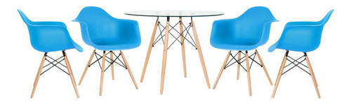 Kit Mesa Eames Wood 100 Cm Tampo Vidro 4 Cadeiras Eiffel Daw Cor Azul-céu