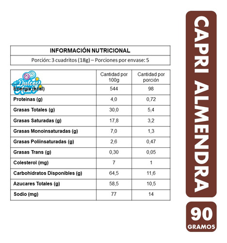 Capri De Almendra - Barra De Chocolate Clásico(barra De 90g)