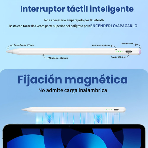 Lápiz Óptico Stylus Pluma Tactil Capacitivo Para iPad/iPad Air/ iPad Mini/ iPad Pro Con Función De Fijación Magnética Y Sensor De Inclinación, Punta De Repuesto Reemplazable, Carga Rápida Usb-c