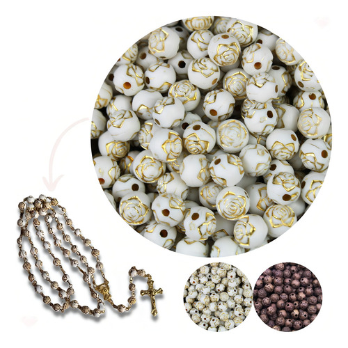 Miçanga Entremeio Redondo Rosa Para Terço 8mm Acrilico 500gr Comprimento 8 Mm Cor 209f - Branco C/ Dourado 209f Diâmetro 8 Mm
