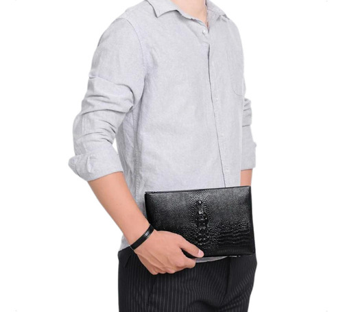 Bolso De Mano Hombre Cartera Porta Celular Documentos 2 Color Negro Diseño De La Tela Huella Cocodrilo