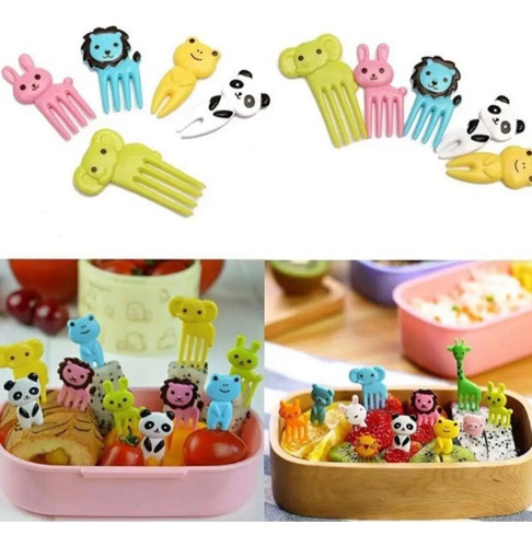 Set De 10 Mini Tenedores Pinchos Animales Lonchera Niños