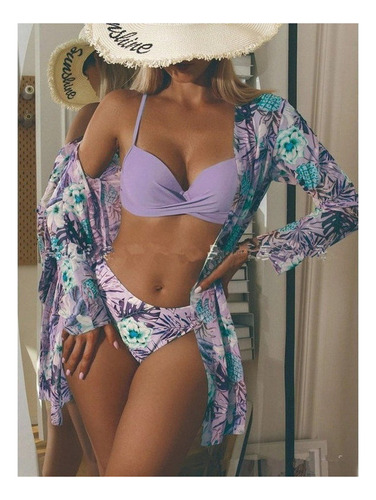 3pcs Bañador Deportivo Solid Floral Talle Alto Bikini Para M