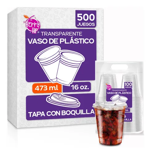 500 Vasos Desechables De Pl stico Tapa Tipo Boquilla 16oz Env o