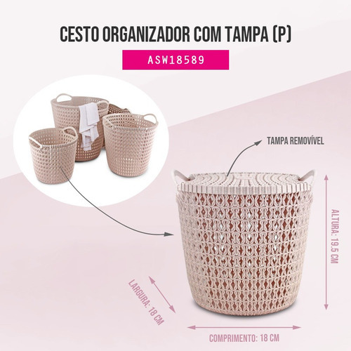 Cesto Organizador Com Tampa Rattan Jacki Design - P Cor Rosa