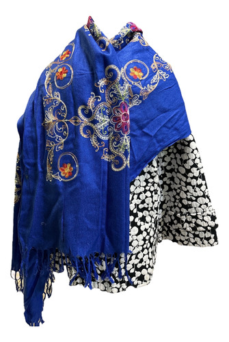 Pashmina Chalina Bufanda Floreada Azul Bonita