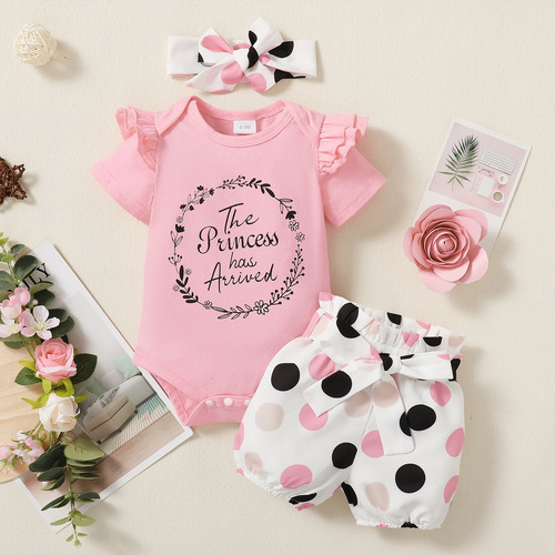 3pcs Conjunto Bebé Con Mameluco Shorts De Lunares Y Diadema Rosa 6-9 M