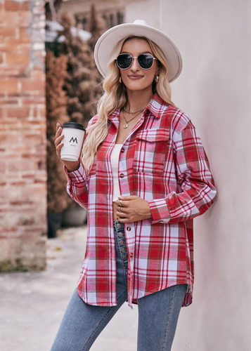 Camisa A Cuadros Mujer Moda Casual Manga Larga Con Botones