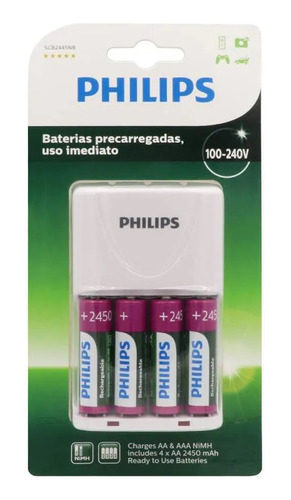 4 Pilhas Aa Pequena + Carregador Philips C/nota Selo Inmetro